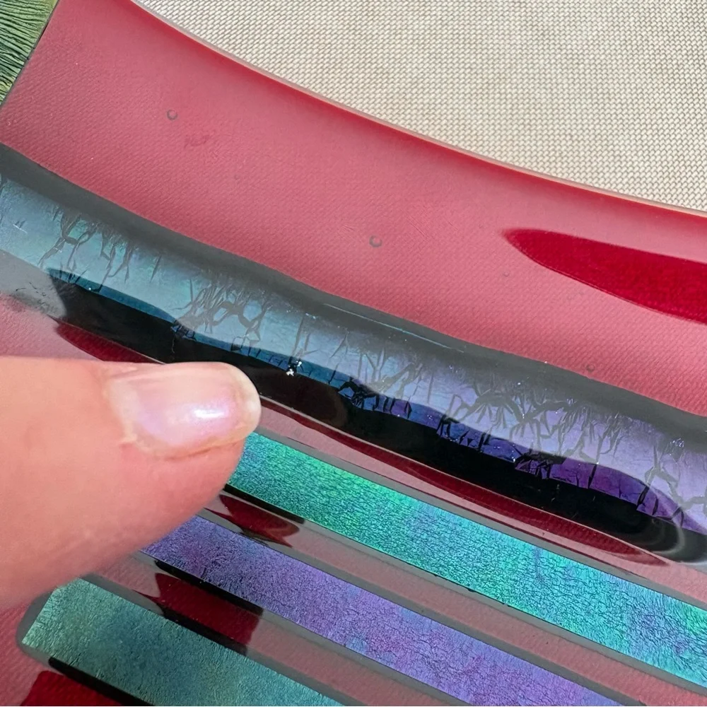 Artist Signed Fused Art Glass Dish Modern Studio Red Blue/Green iridescent - Picture 8 of 10